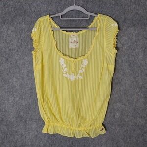 Y2K Hollister Women Top L Embroidered Floral Stripe Puff Sleeve Bella Swan fairy